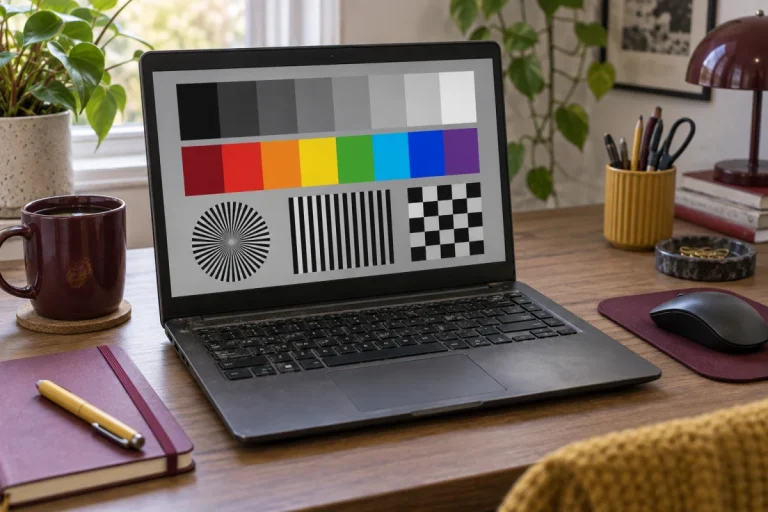Laptop và bảng màu kiểm tra màn hình trên bàn học